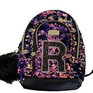 Justice mini backpack girlhoodcore letter R‎ sequins pompom black colorful front